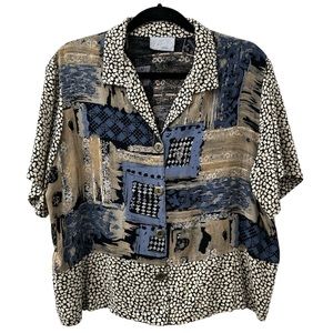 🌺 KAYLA G Hawai’i Vintage Top Abstract Natural Tone Button Down Oversized